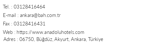 Anadolu Hotels Esenboga Thermal telefon numaralar, faks, e-mail, posta adresi ve iletiim bilgileri